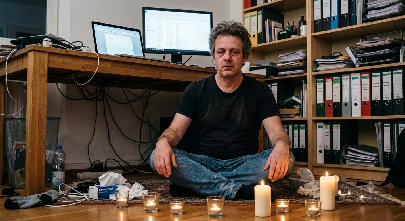 KI Bild: Ein Mann, krank trotz Meditation